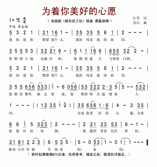 《为着你美好的心愿-谭晶(影视简谱)》吉他谱-C大调音乐网