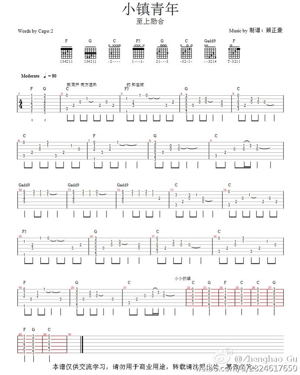 《小镇青年 入门版六线谱 至上励合吉他图谱》吉他谱-C大调音乐网
