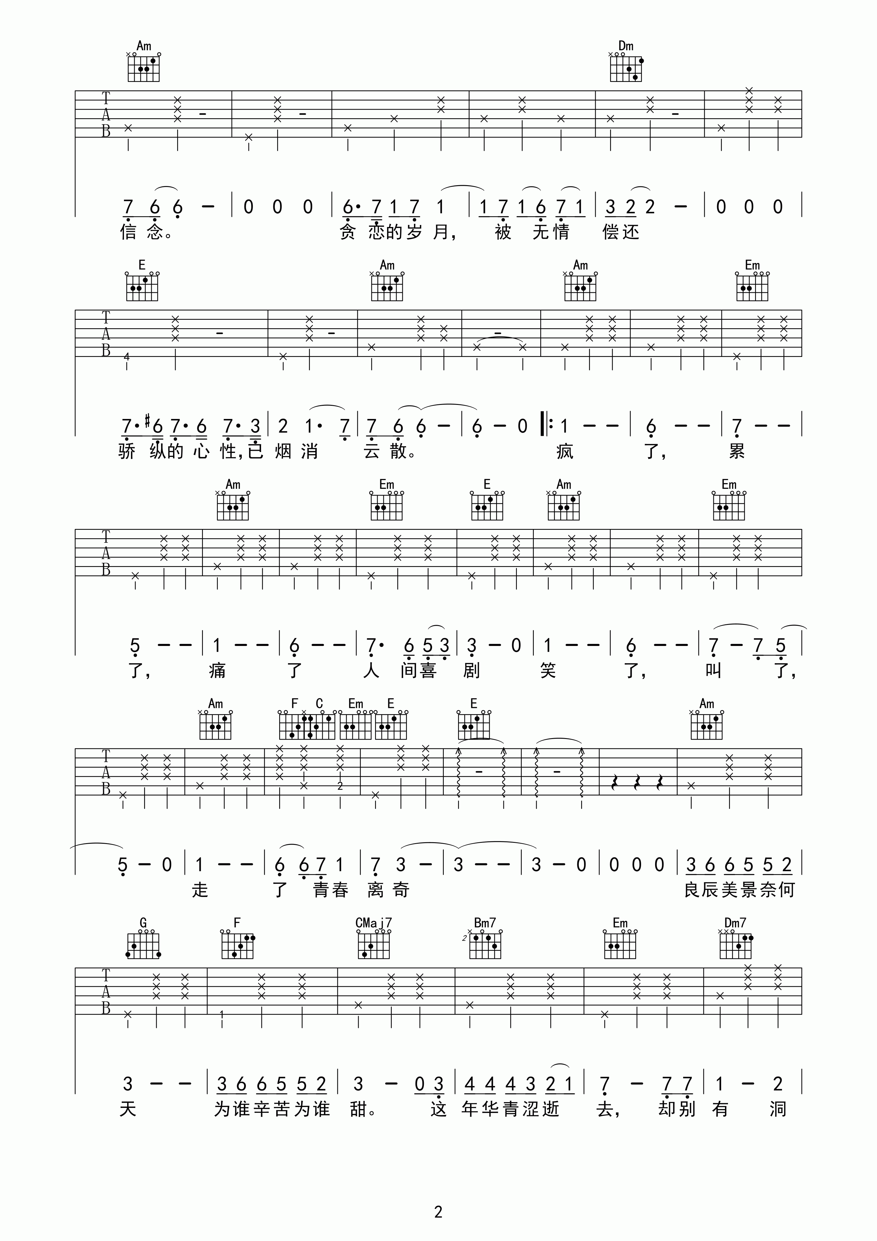 王菲 致青春吉他谱 C调高清版-C大调音乐网