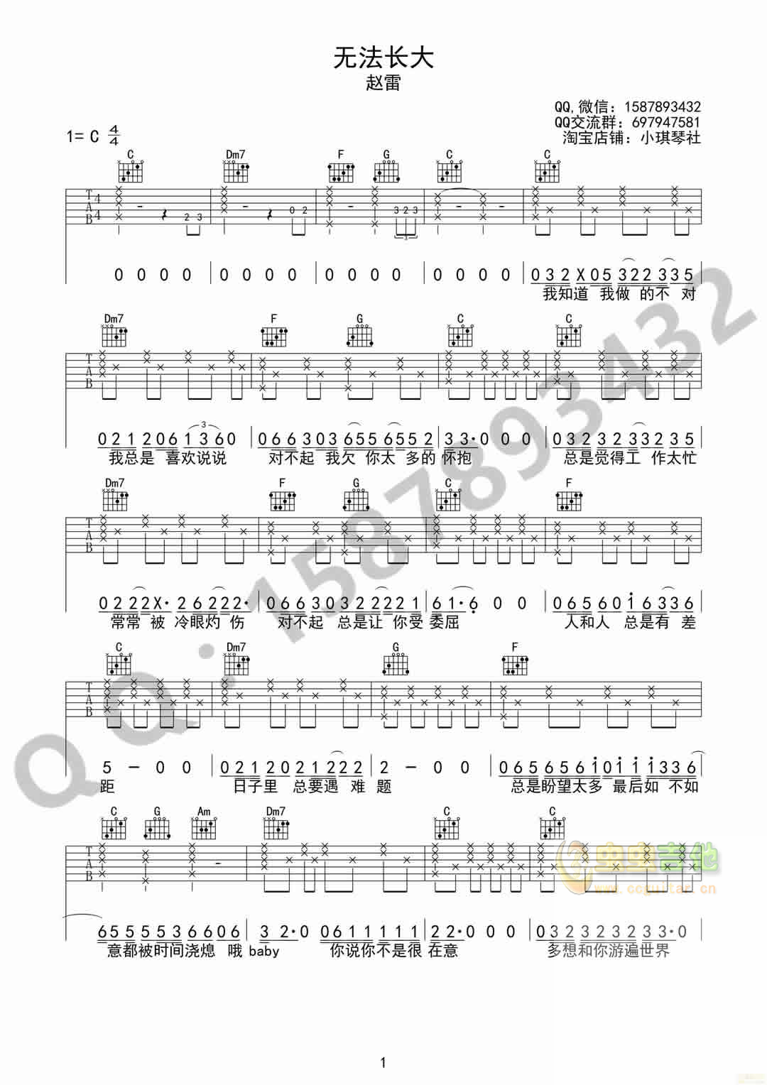 赵雷《无法长大》C调简单版吉他六线谱-C大调音乐网