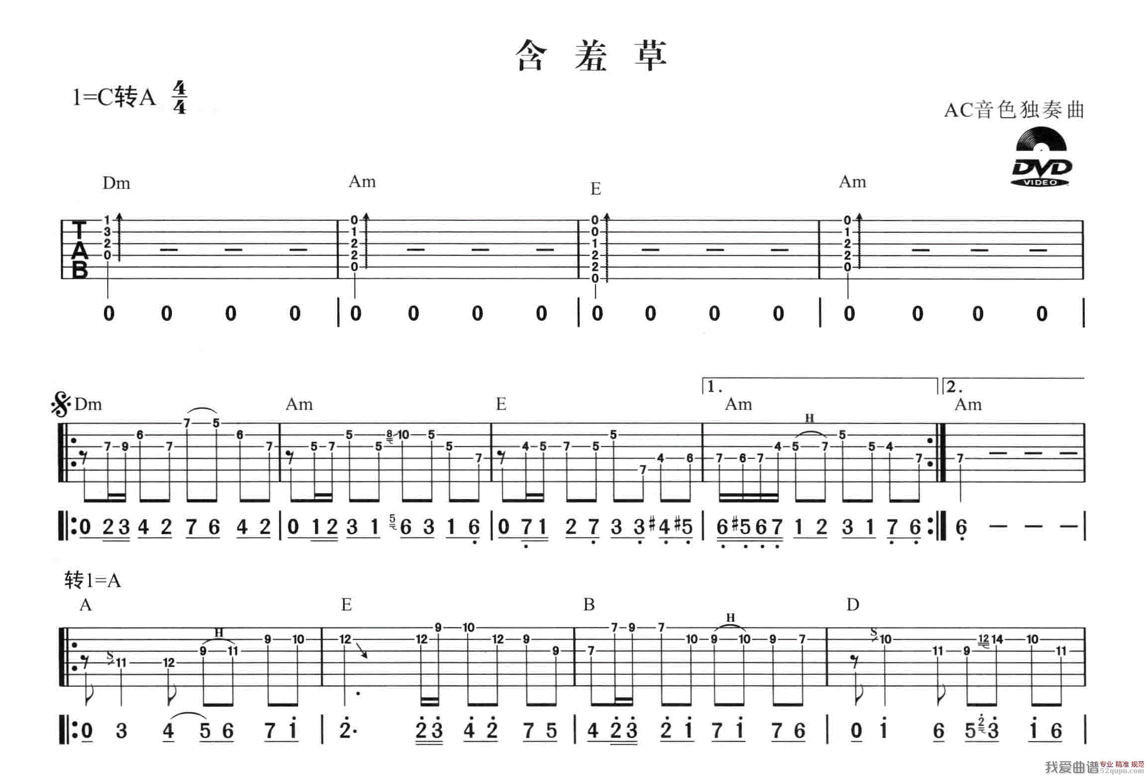 《含羞草（AC音色电吉他独奏曲）》吉他谱-C大调音乐网