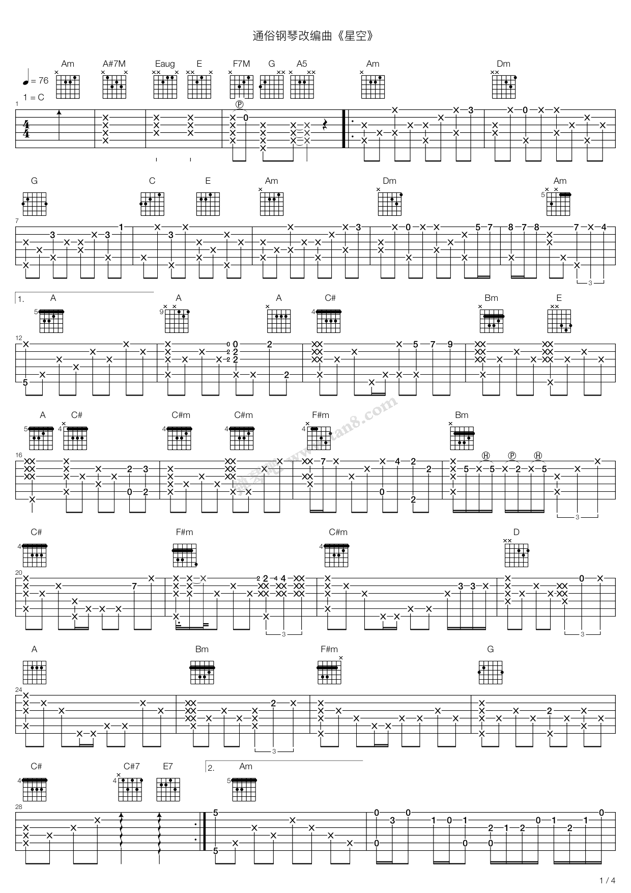《星空》吉他谱-C大调音乐网