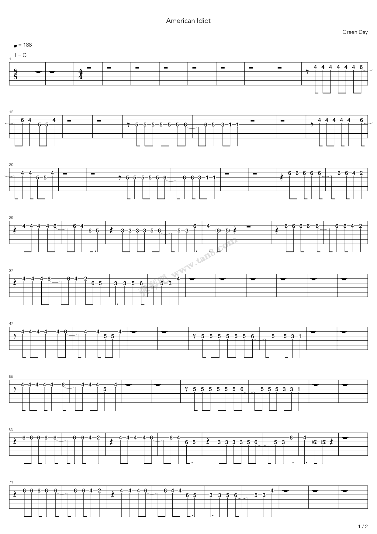 《American Idiot》吉他谱-C大调音乐网