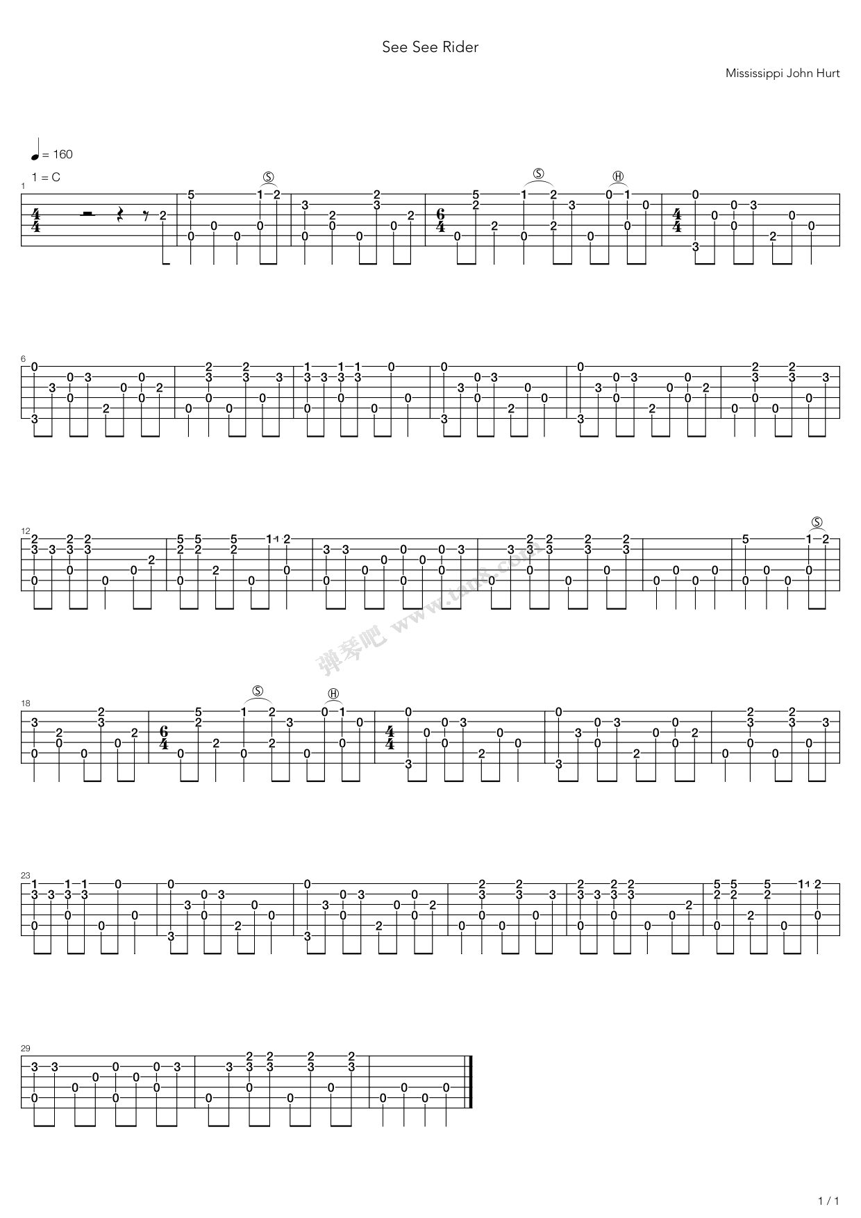 《See See Rider》吉他谱-C大调音乐网