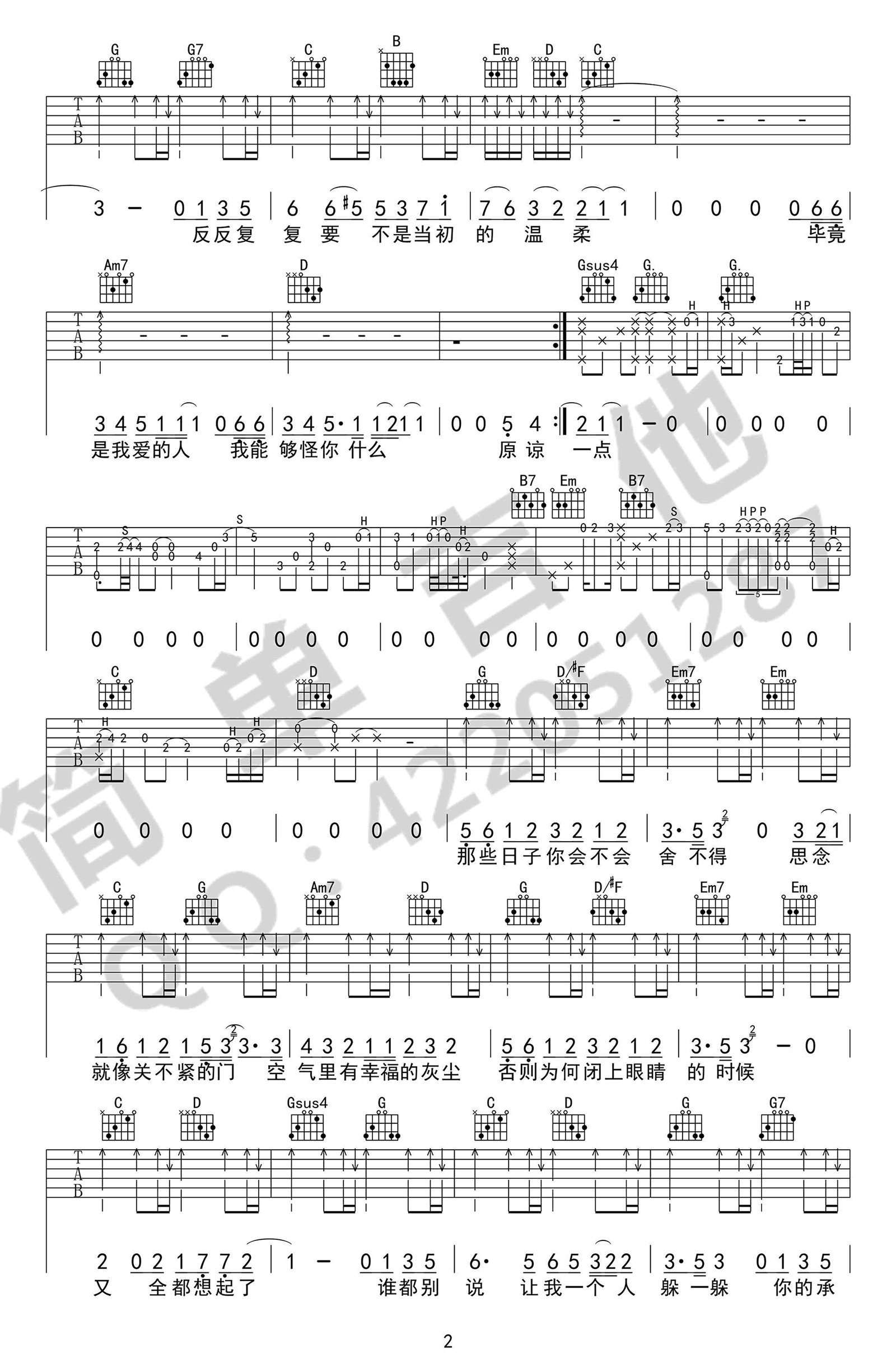 原谅吉他谱_张玉华《原谅》六线谱_完美弹唱谱-C大调音乐网