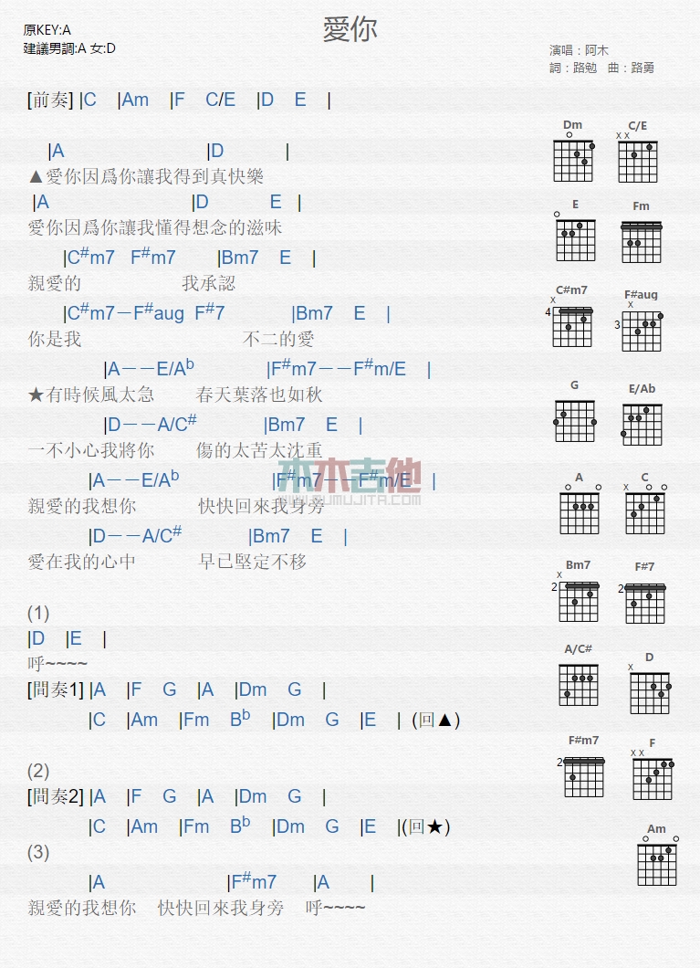 《爱你》吉他谱-C大调音乐网