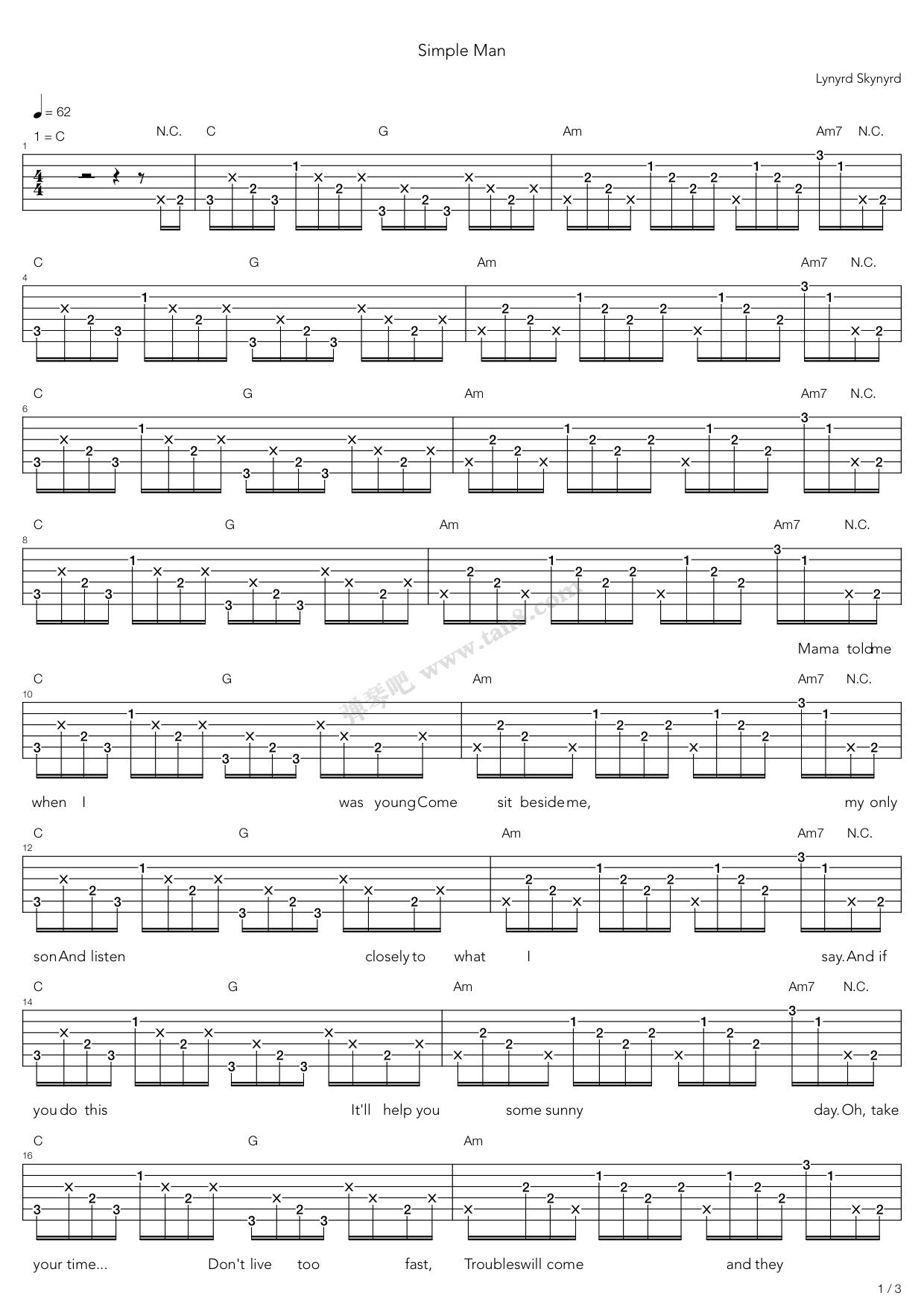 《Simple Man》吉他谱-C大调音乐网