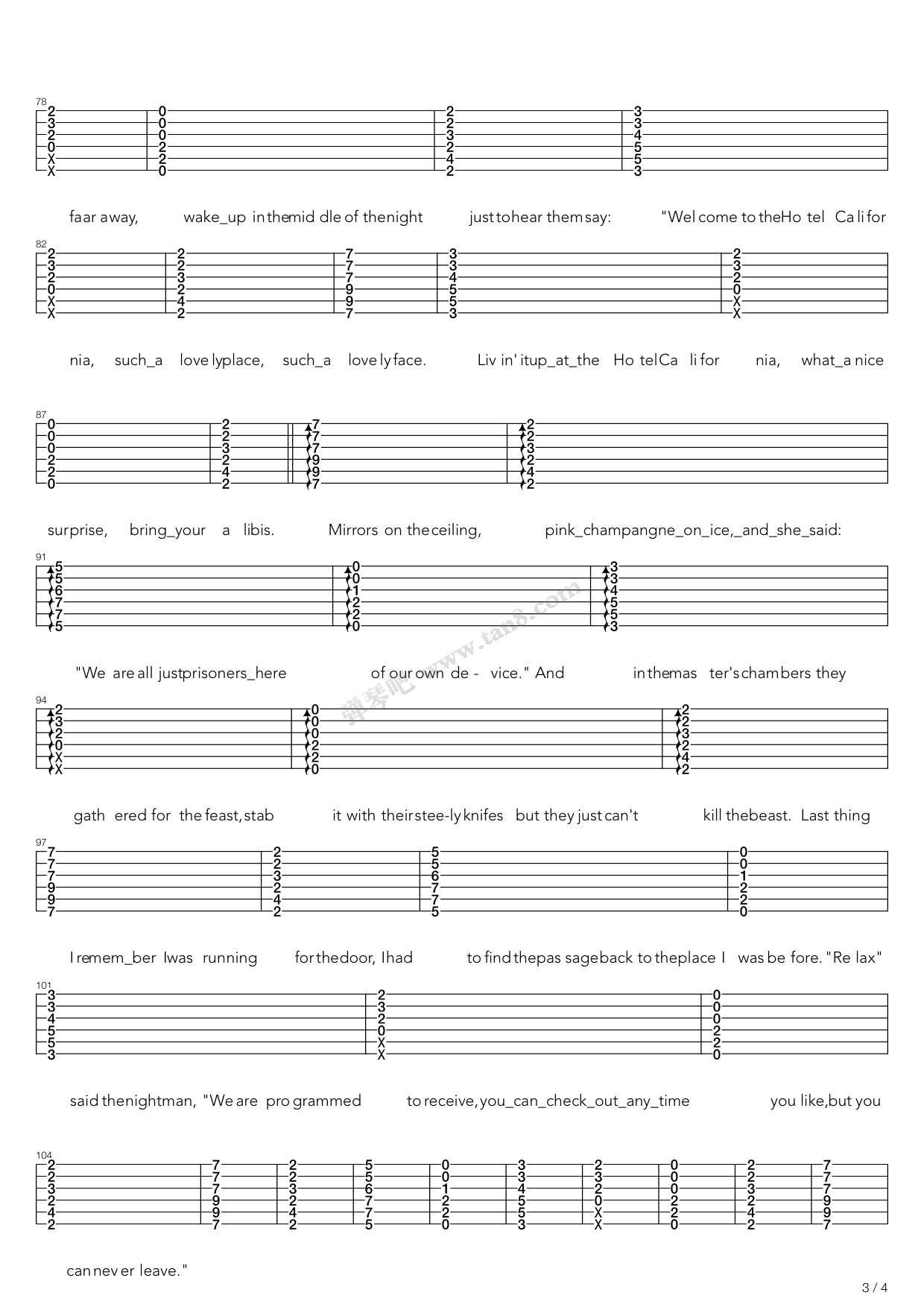 《Hotel California (加州旅馆)》吉他谱-C大调音乐网