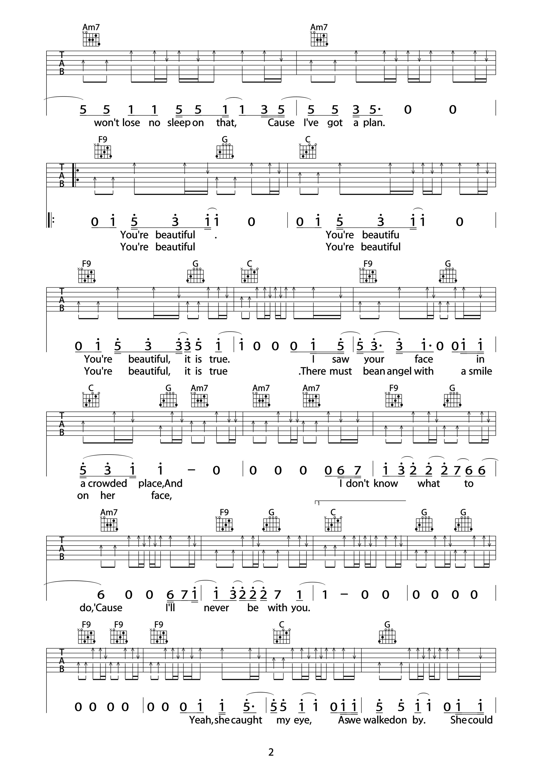 You Are Beautiful吉他谱 james blunt C调高清弹唱谱扫弦版-C大调音乐网