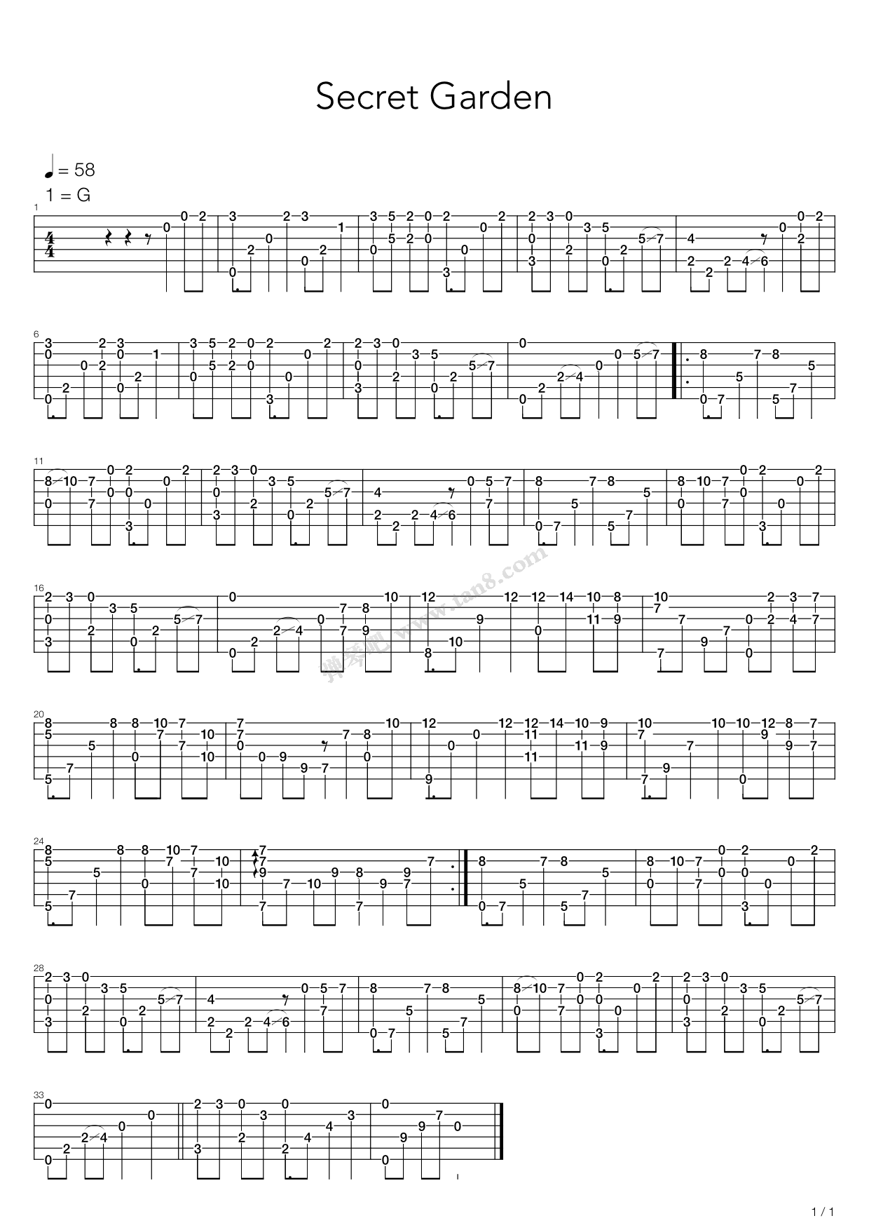 《Song From A Secret Garden(神秘园之歌)》吉他谱-C大调音乐网