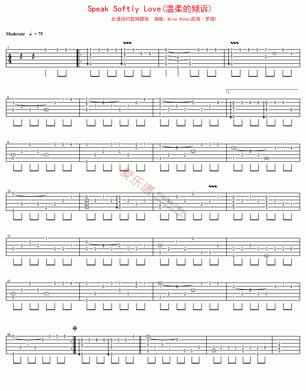 《Nino Rota(尼诺·罗塔) 《Speak Softly Love(温柔的倾诉)》》吉他谱-C大调音乐网