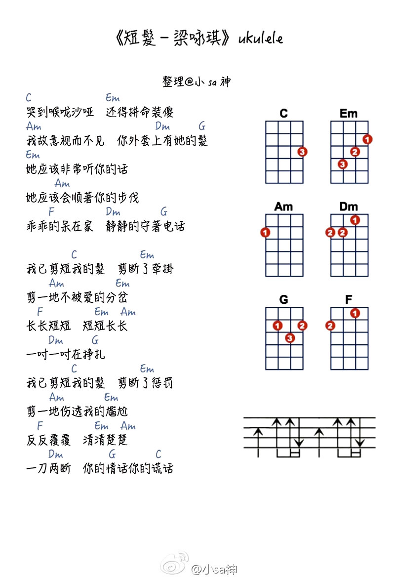 《短发ukulele谱_梁咏琪_小四线弹唱图谱》吉他谱-C大调音乐网