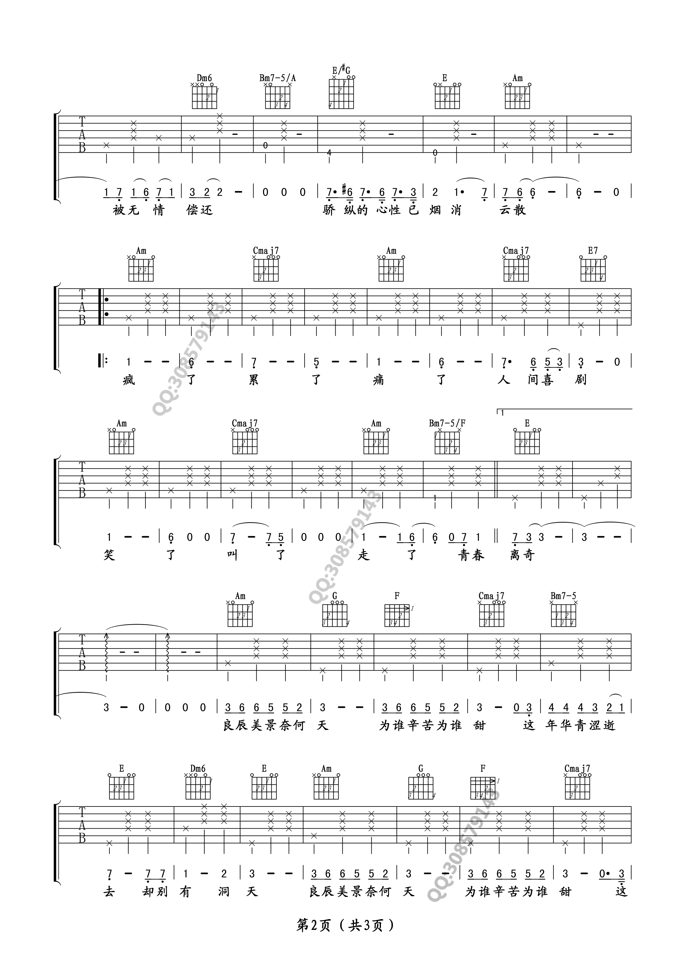 王菲 致青春吉他谱 卢家兴高清版-C大调音乐网