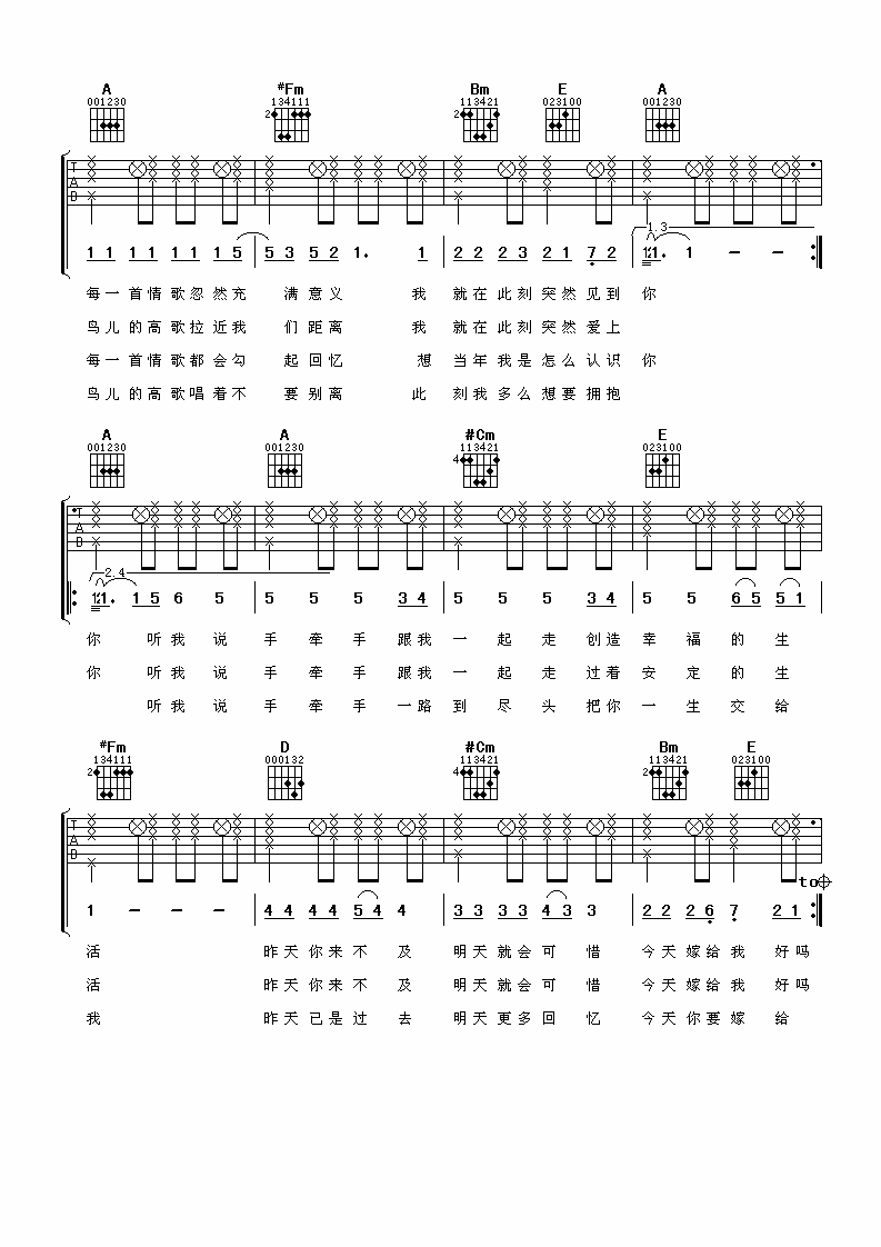 陶喆 蔡依林 今天你要嫁给我吉他谱-C大调音乐网