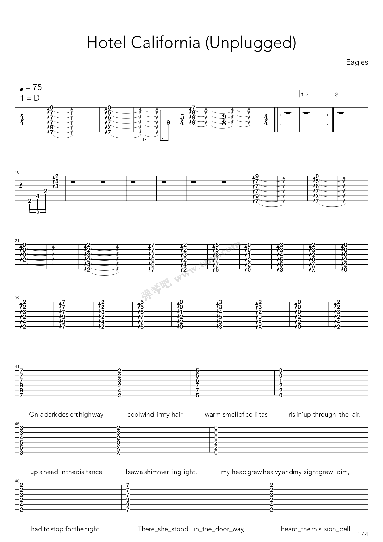 《Hotel California (加州旅馆)》吉他谱-C大调音乐网