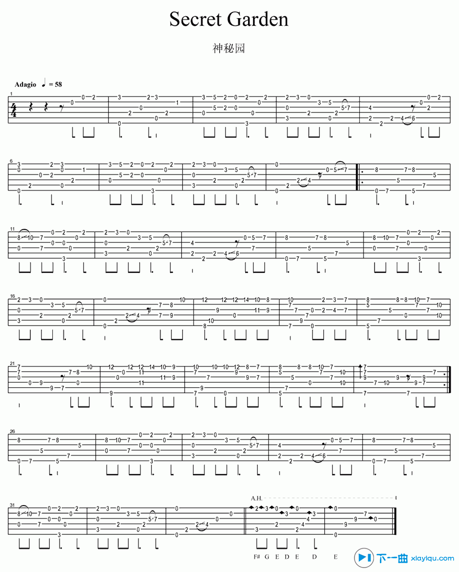 《secret garden吉他谱指弹版（六线谱）_神秘园》吉他谱-C大调音乐网