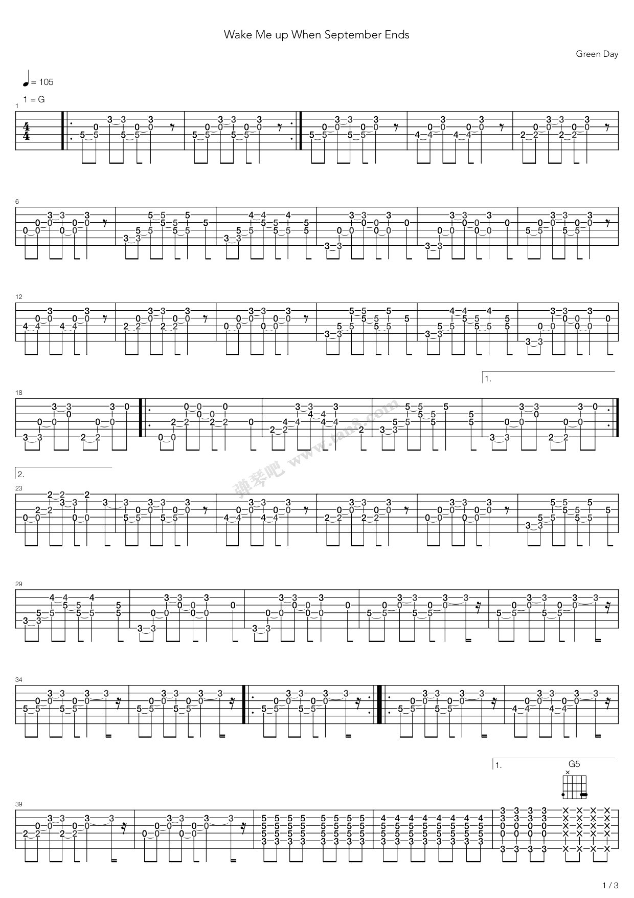 《Wake Me Up When September Ends》吉他谱-C大调音乐网