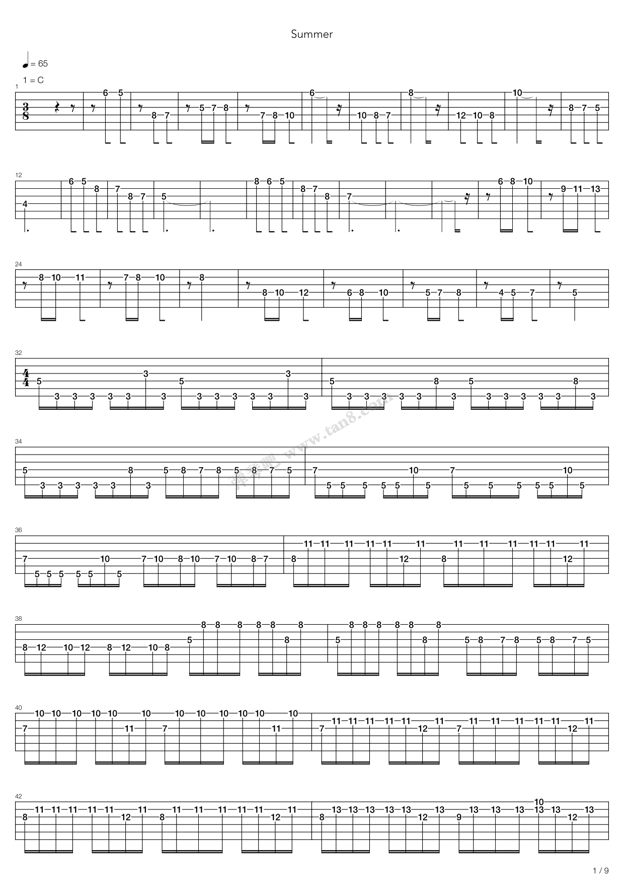 《Summer》吉他谱-C大调音乐网