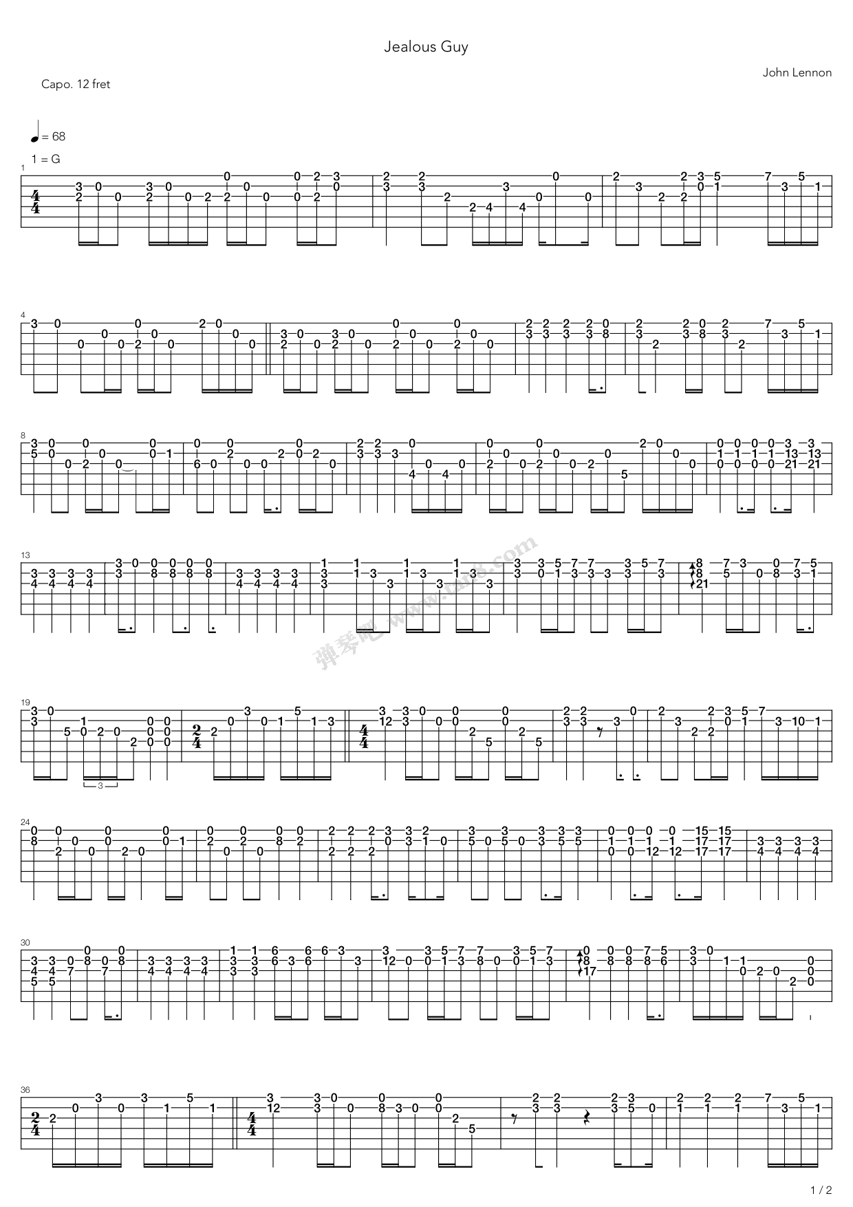 《Jealous Guy》吉他谱-C大调音乐网