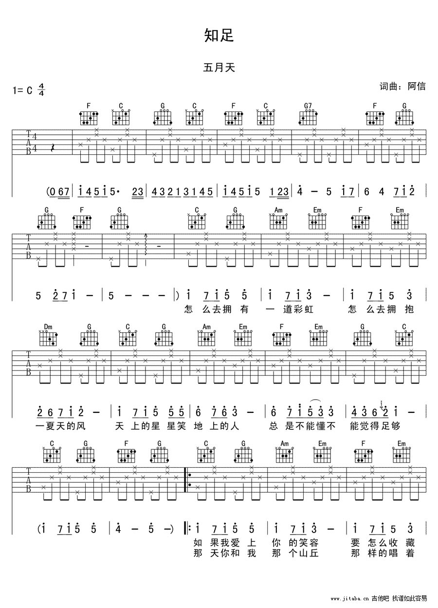 《知足吉他谱_五月天_C调六线吉他弹唱图谱》吉他谱-C大调音乐网