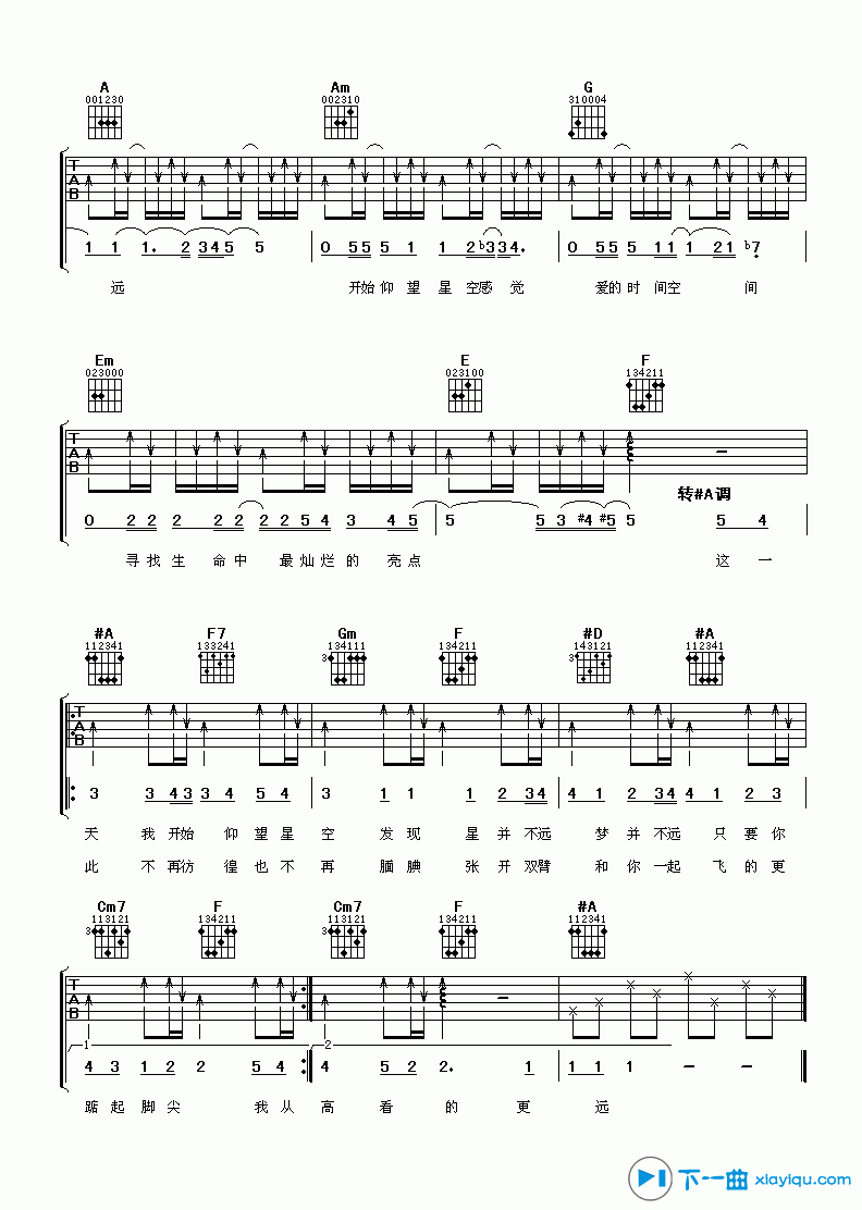 《仰望星空吉他谱A调_张杰仰望星空吉他六线谱》吉他谱-C大调音乐网