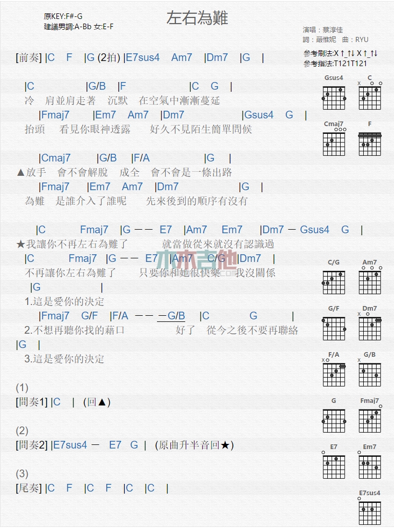 《左右为难》吉他谱-C大调音乐网