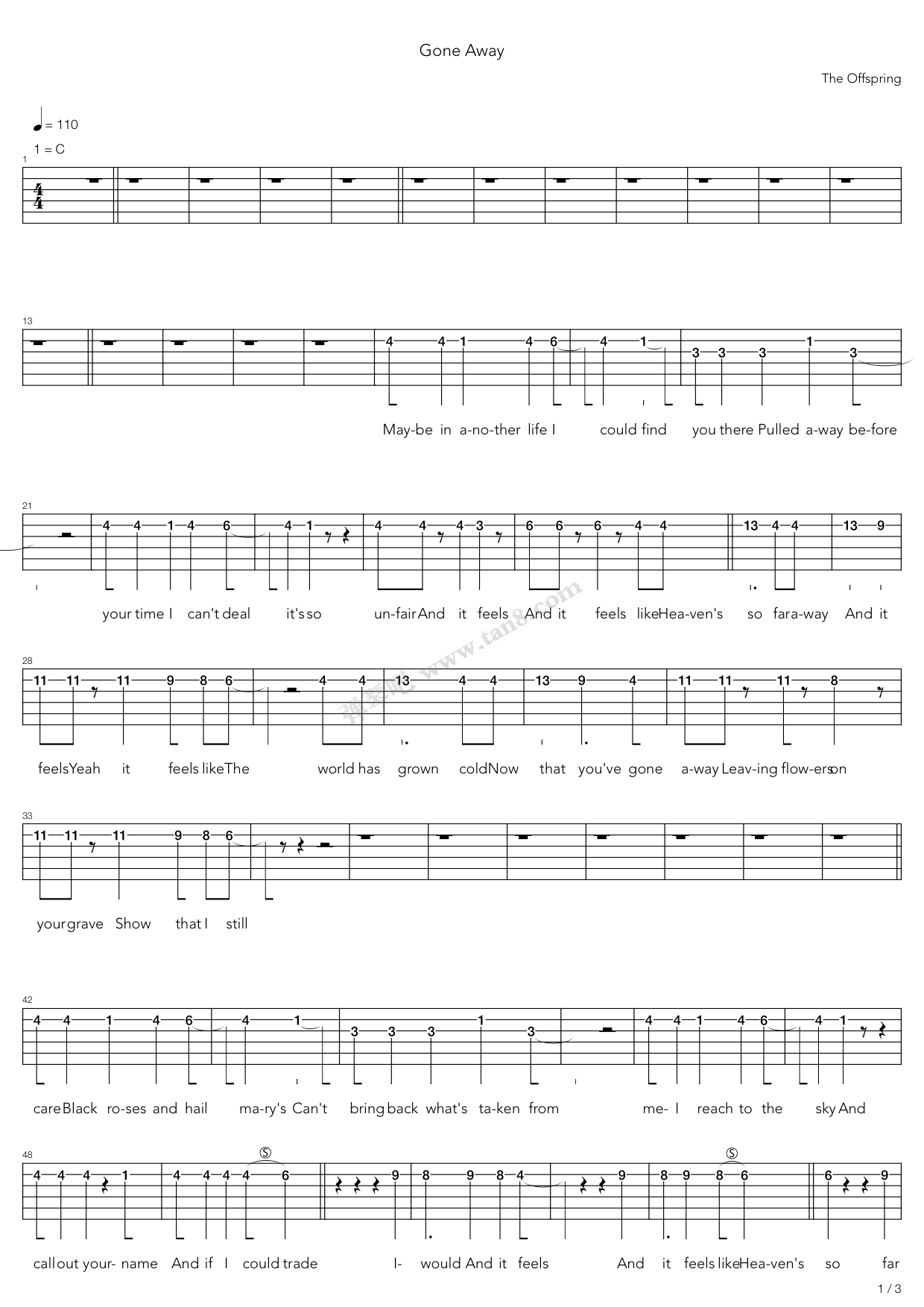 《Gone Away》吉他谱-C大调音乐网