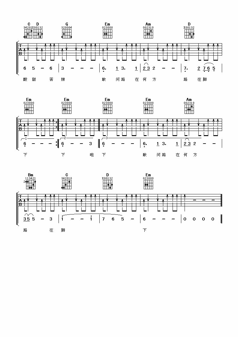 蒋大为 敢问路在何方吉他谱-C大调音乐网