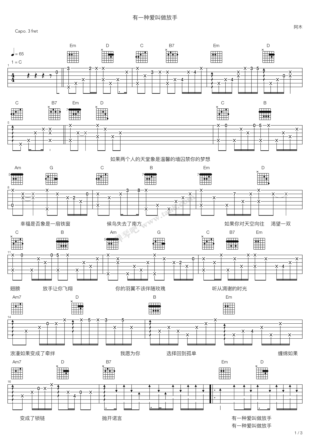 《阿木《有一种爱叫做放手》吉他谱六线谱》吉他谱-C大调音乐网