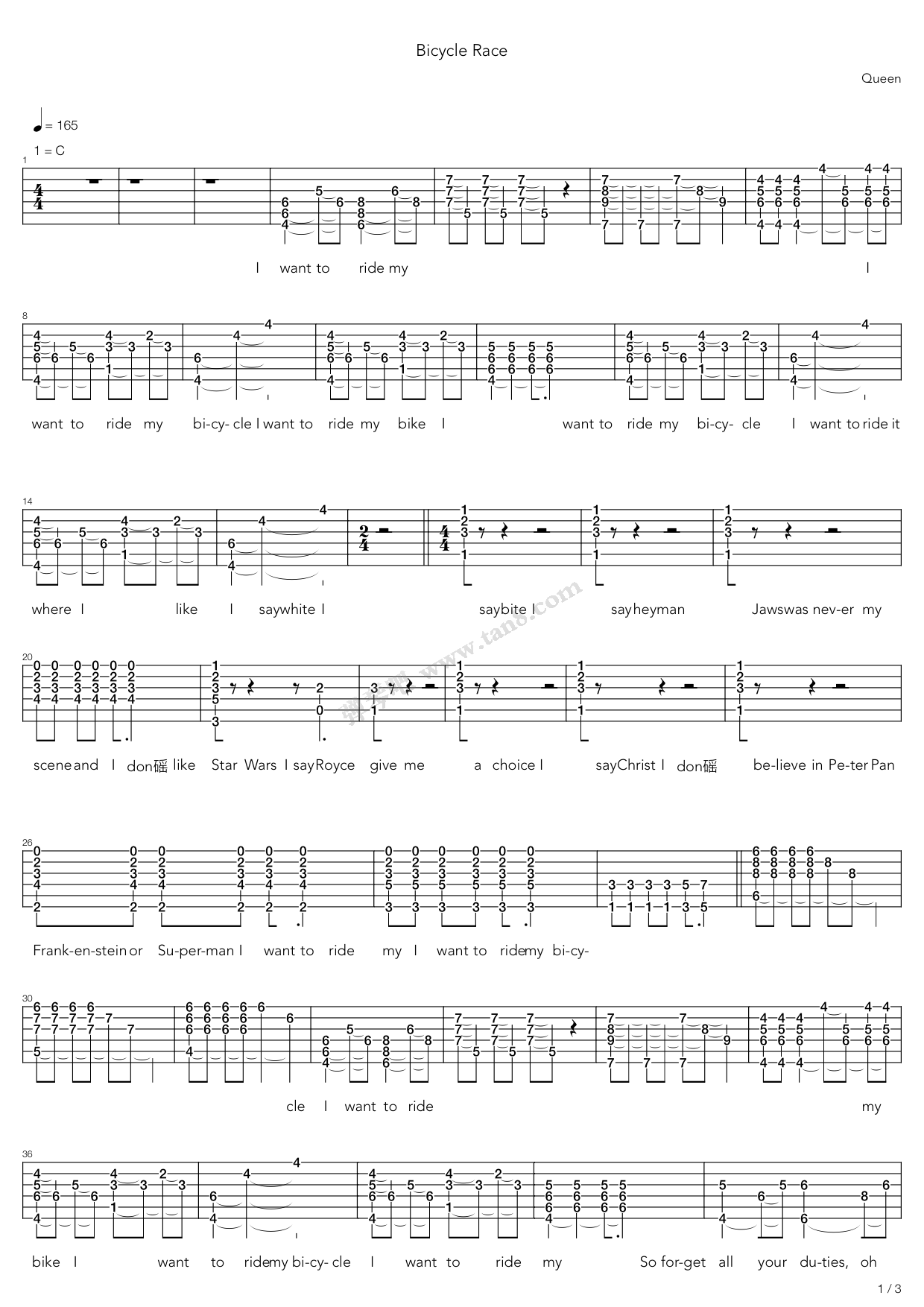《Bicycle Race》吉他谱-C大调音乐网