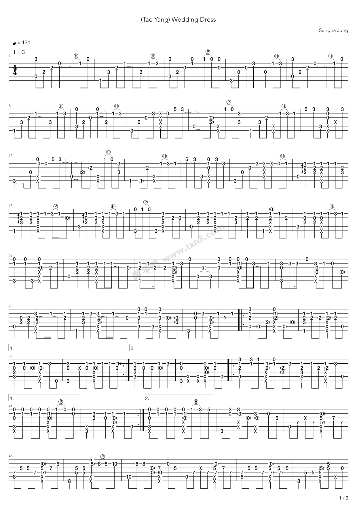 《Wedding Dress（指弹版，郑成河）》吉他谱-C大调音乐网