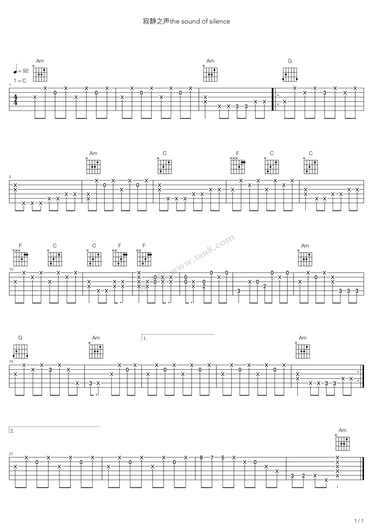《The Sound of Silence(寂静之声)》吉他谱-C大调音乐网