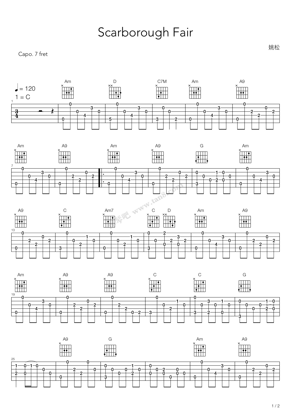 《Scarborough Fair(斯卡保罗集市)》吉他谱-C大调音乐网