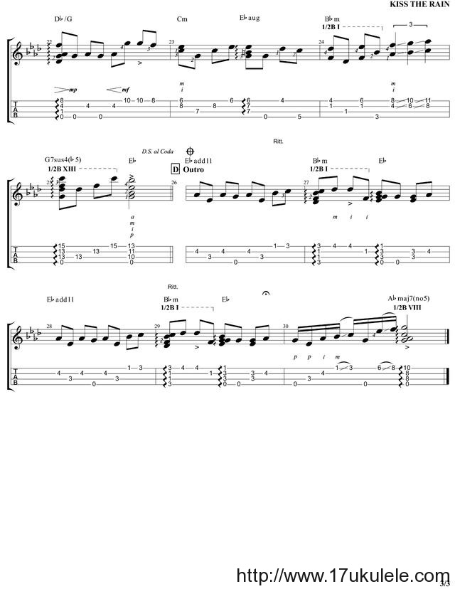 《Kiss the rain》雨的印记 ukulele指弹独奏谱子-C大调音乐网