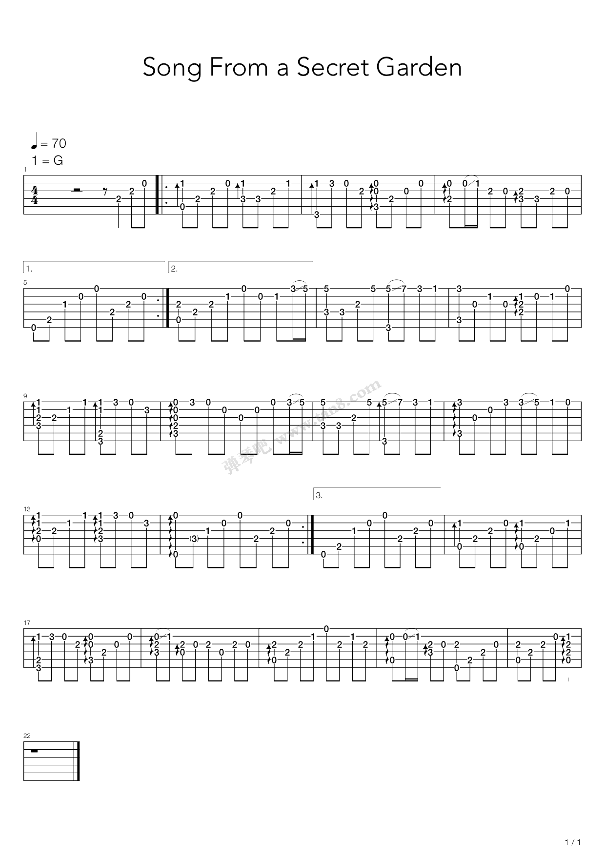 《Song From A Secret Garden(神秘园之歌)》吉他谱-C大调音乐网