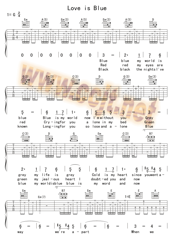 《Love Is Blue_蓝色的爱》吉他谱-C大调音乐网