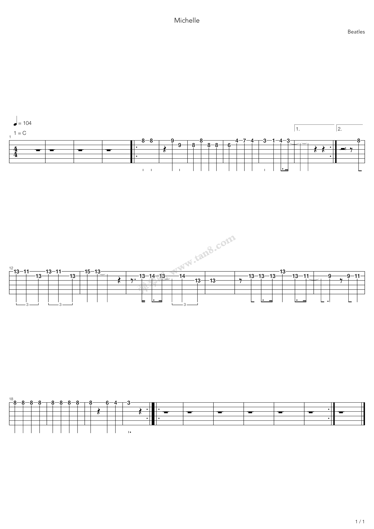 《Michelle》吉他谱-C大调音乐网