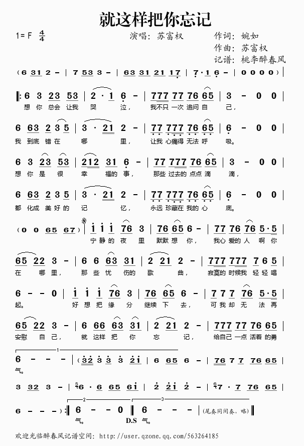 《就这样把你忘记——苏富权（简谱）》吉他谱-C大调音乐网