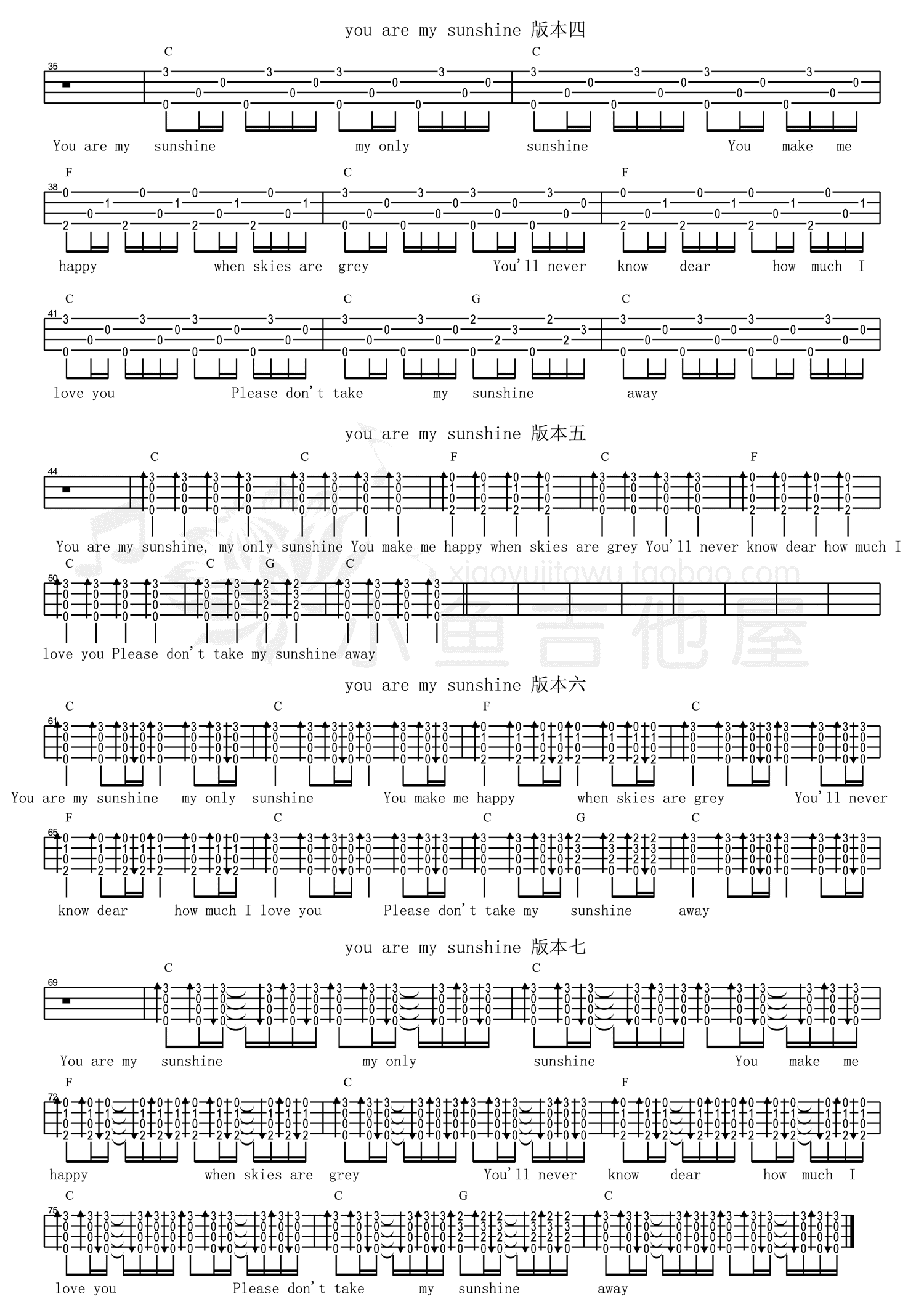 《Jimmie Davis You Are My Sunshine尤克里里谱》吉他谱-C大调音乐网