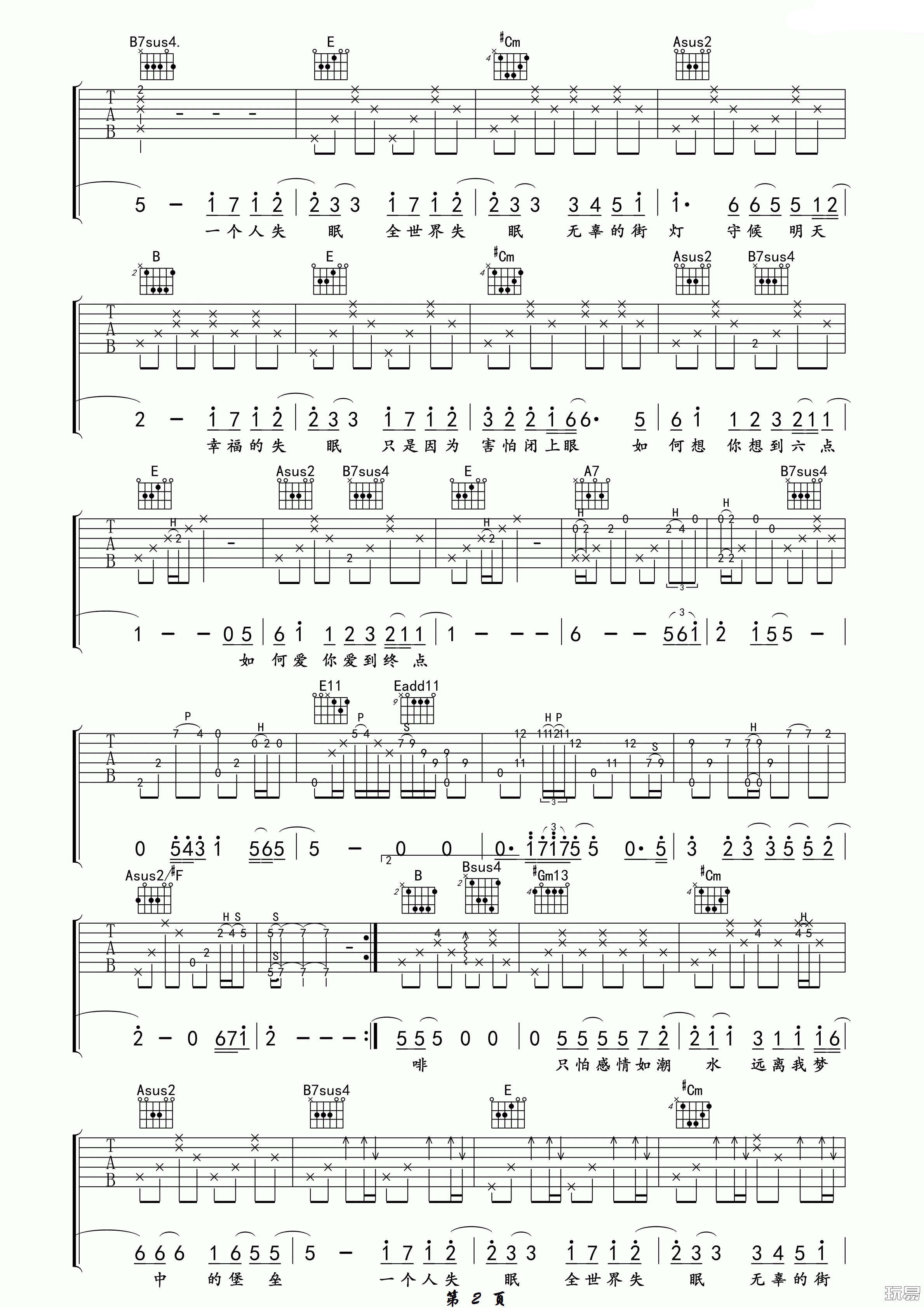 陈奕迅 全世界失眠吉他谱 玩易吉他版-C大调音乐网