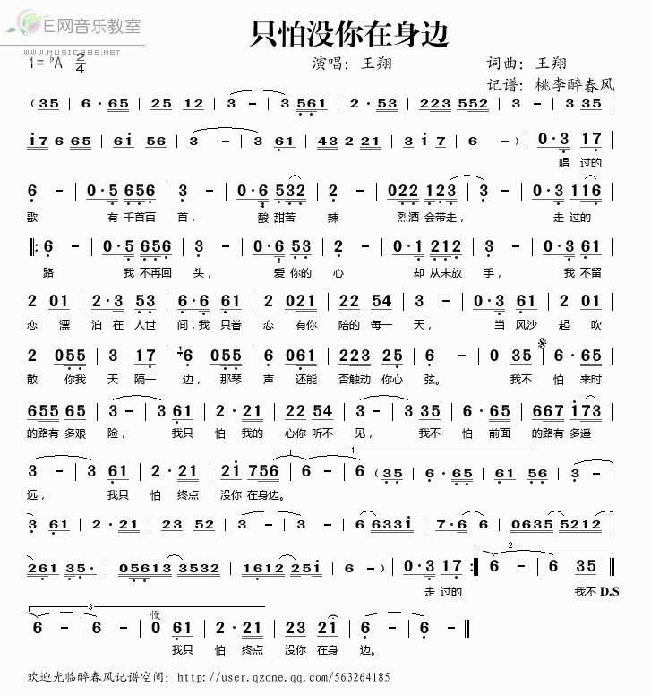 《只怕没你在身边——王翔（简谱）》吉他谱-C大调音乐网