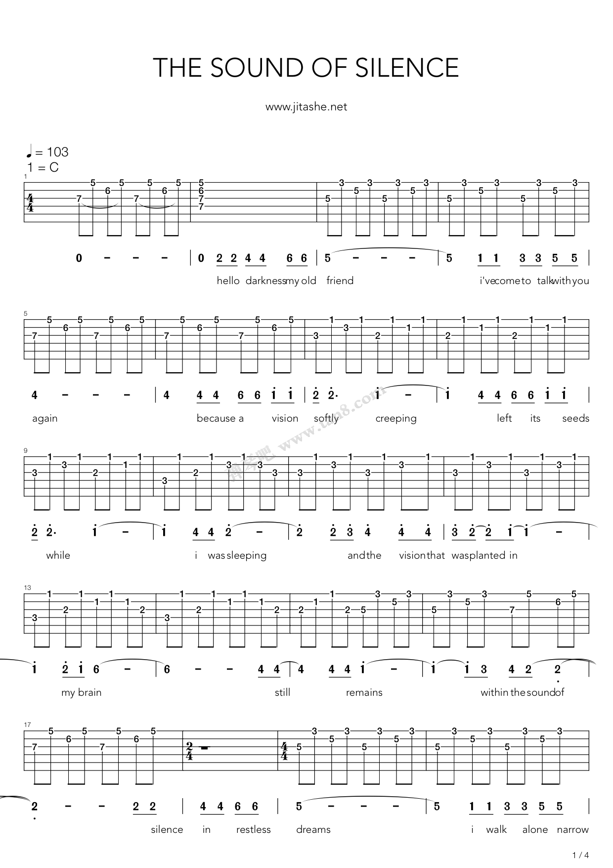 《The Sound of Silence》吉他谱-C大调音乐网