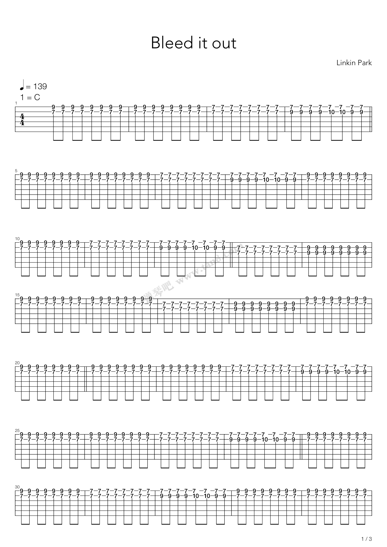 《Bleed It Out》吉他谱-C大调音乐网