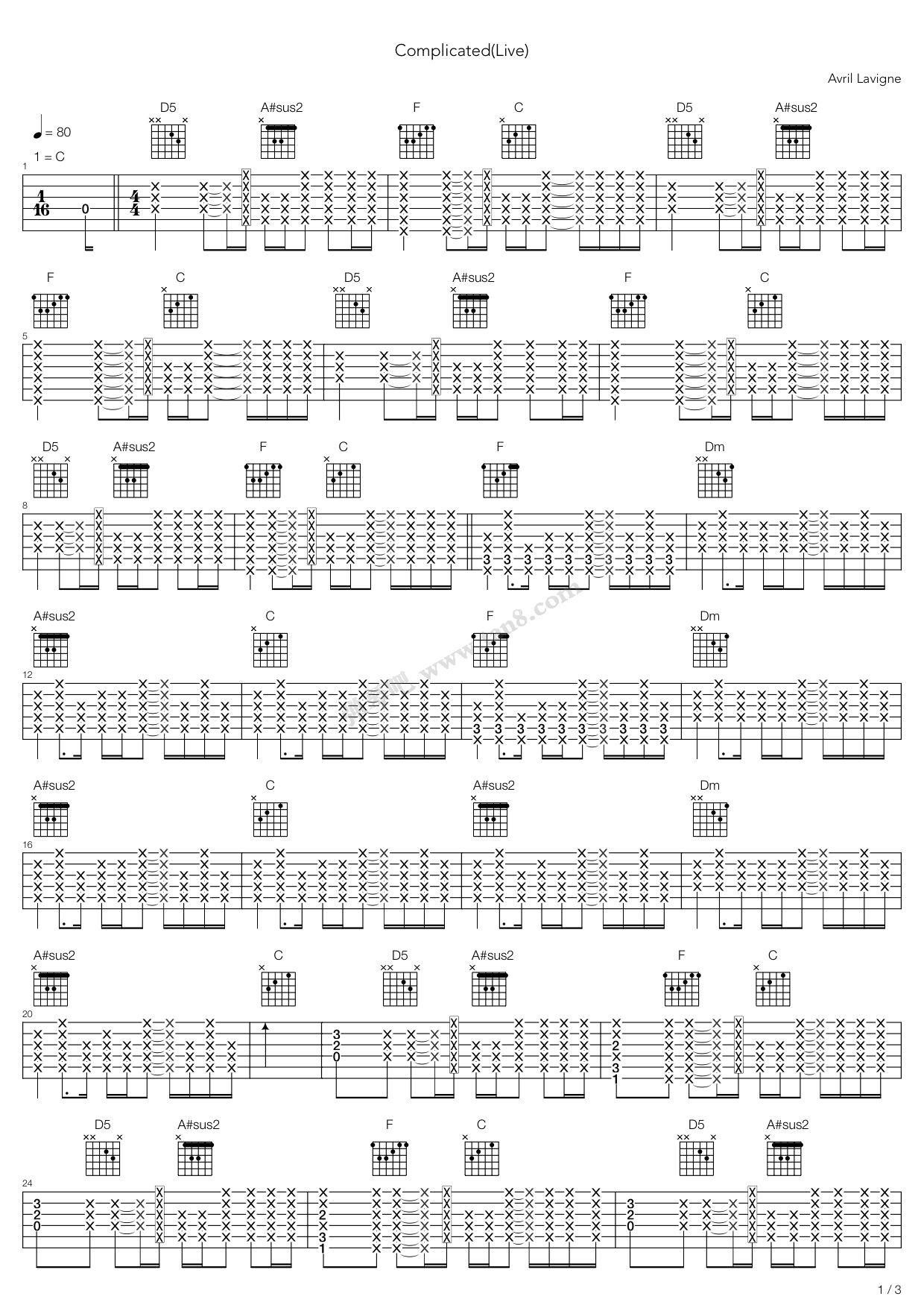 《Complicated 艾薇儿》吉他谱-C大调音乐网