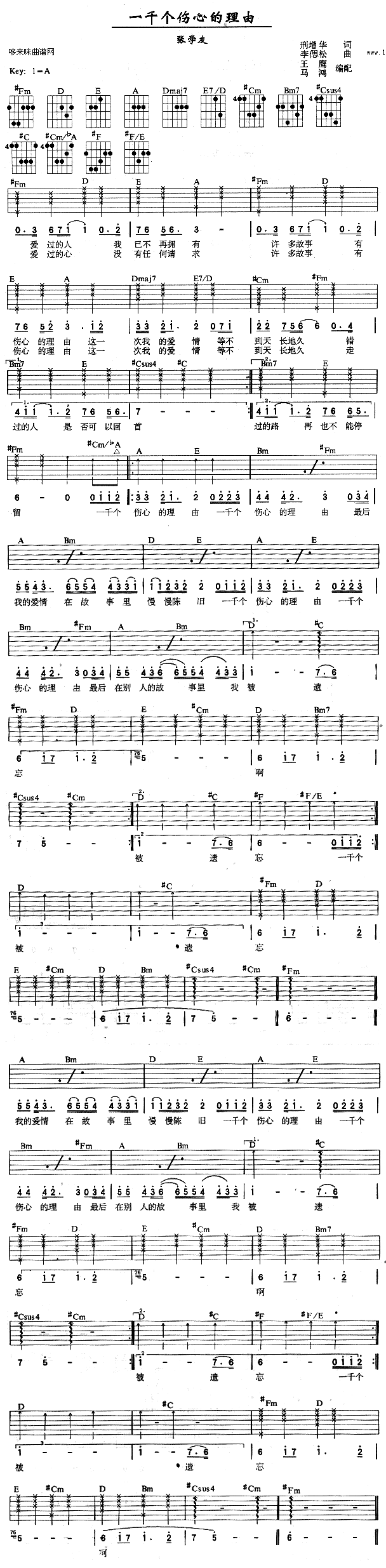 《一千个伤心的理由 (张学友 )》吉他谱-C大调音乐网