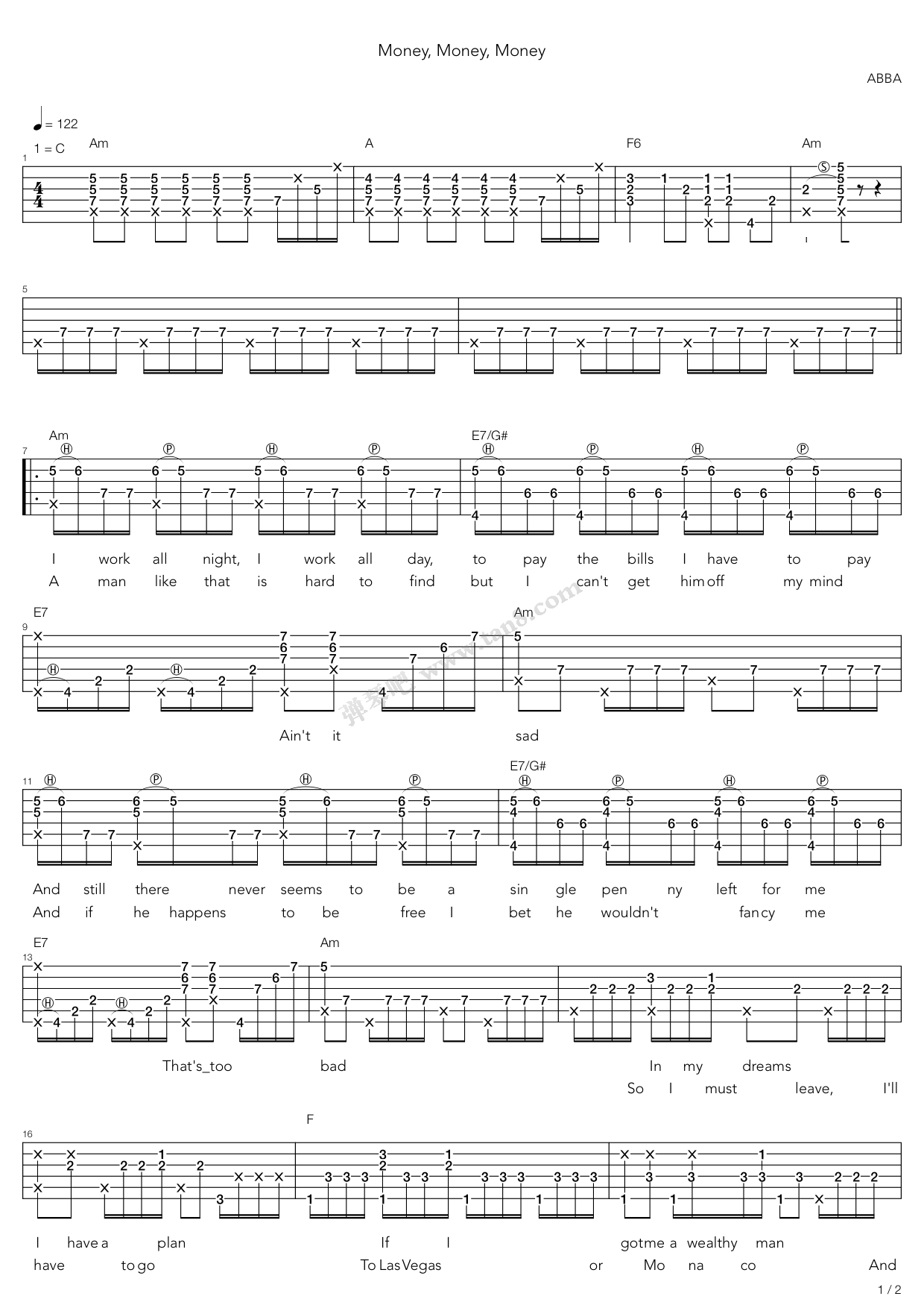 《Money Money Money》吉他谱-C大调音乐网