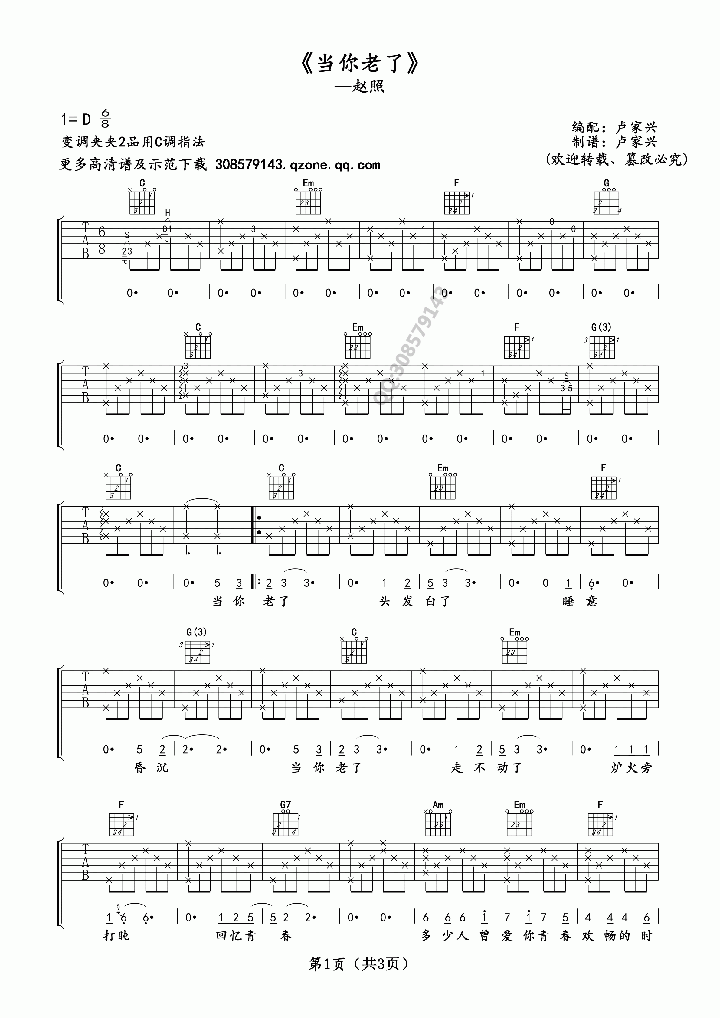 《赵照 当你老了吉他谱 C调卢家兴编配版》吉他谱-C大调音乐网