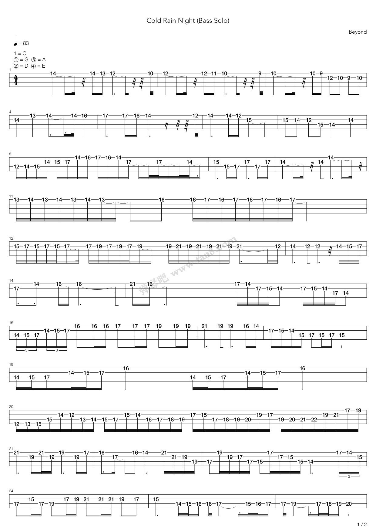 《Beyond - Cold Rain Night (Bass Solo)》吉他谱-C大调音乐网
