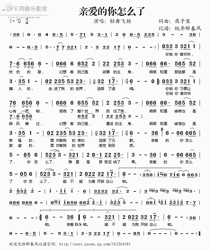 《亲爱的你怎么了——轻舞飞扬（简谱）》吉他谱-C大调音乐网