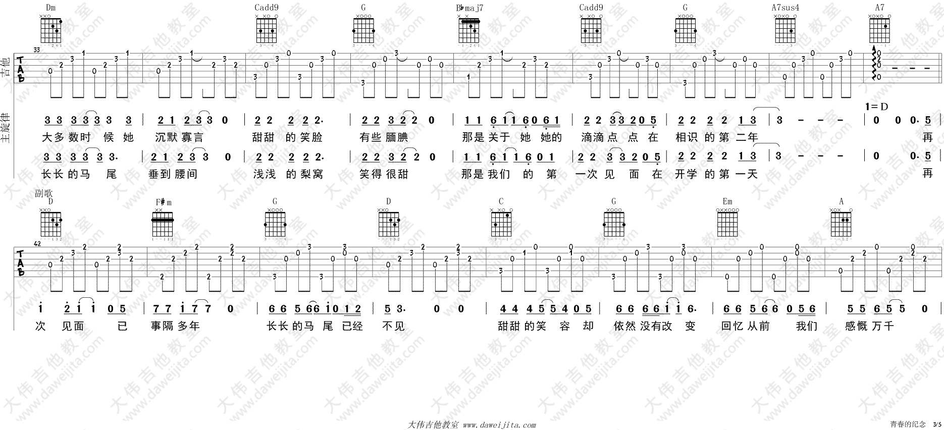 《青春的纪念》吉他谱-C大调音乐网